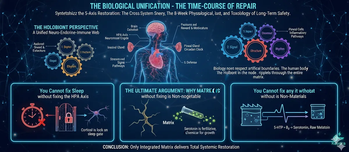 The Biological Unification synthesizes the SIND phases: HPA Axis (Engine), Neurotransmitter (Signal), Structural Atrophy (Hardware), and Sleep Architecture (Rhythm). The Holobiont Perspective recognizes the mutual dependence of the Neuro-Endocrine-Immune Web. Repairing one system requires fixing all others (e.g., Cortisol is the lock on the sleep gate). The Matrix provides the necessary Raw Materials to achieve systemic repair. The Biological Unification synthesizes the SIND phases: HPA Axis (Engine), Neurotransmitter (Signal), Structural Atrophy (Hardware), and Sleep Architecture (Rhythm). The Holobiont Perspective recognizes the mutual dependence of the Neuro-Endocrine-Immune Web. Repairing one system requires fixing all others (e.g., Cortisol is the lock on the sleep gate). The Matrix provides the necessary Raw Materials to achieve systemic repair.