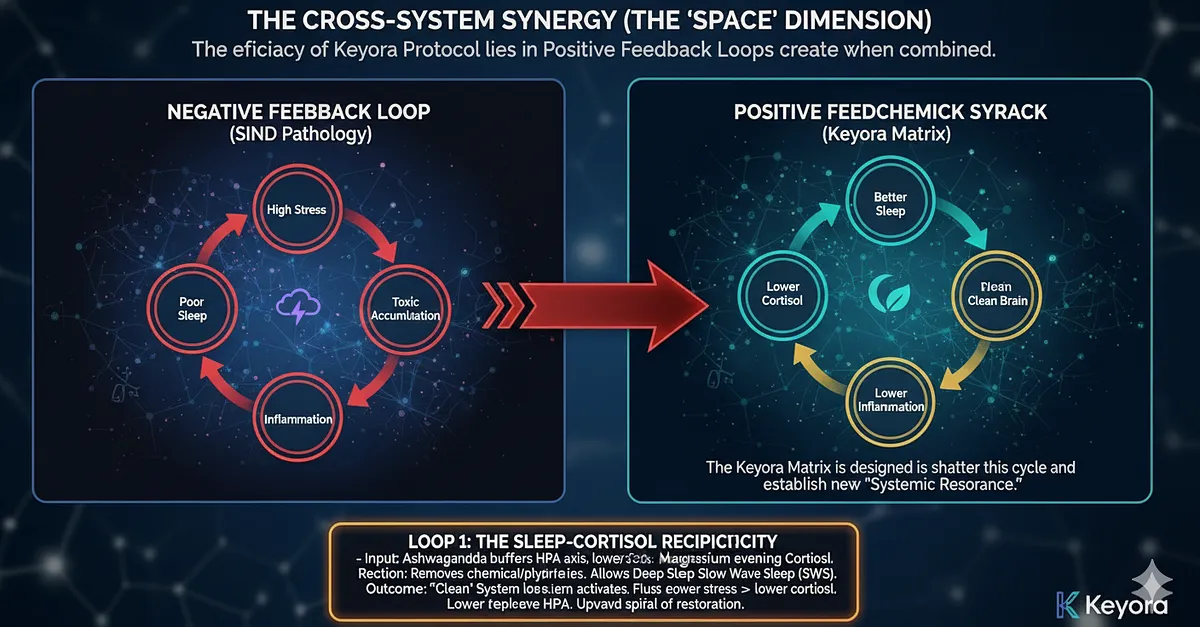 The Keyora Protocol creates a Positive Feedback Loop that shatters the SIND cycle (Stress $rightarrow$ Poor Sleep $rightarrow$ Inflammation $rightarrow$ Stress). Ashwagandha, Magnesium, and Theanine remove barriers to SWS. During SWS, the Glymphatic System flushes neurotoxins, leading to lower inflammation and a less reactive HPA axis the next day. The outcome is the mechanical reversal of the downward spiral: Better sleep lowers cortisol, and lower cortisol enables better sleep. The Keyora Protocol creates a Positive Feedback Loop that shatters the SIND cycle (Stress $rightarrow$ Poor Sleep $rightarrow$ Inflammation $rightarrow$ Stress). Ashwagandha, Magnesium, and Theanine remove barriers to SWS. During SWS, the Glymphatic System flushes neurotoxins, leading to lower inflammation and a less reactive HPA axis the next day. The outcome is the mechanical reversal of the downward spiral: Better sleep lowers cortisol, and lower cortisol enables better sleep.