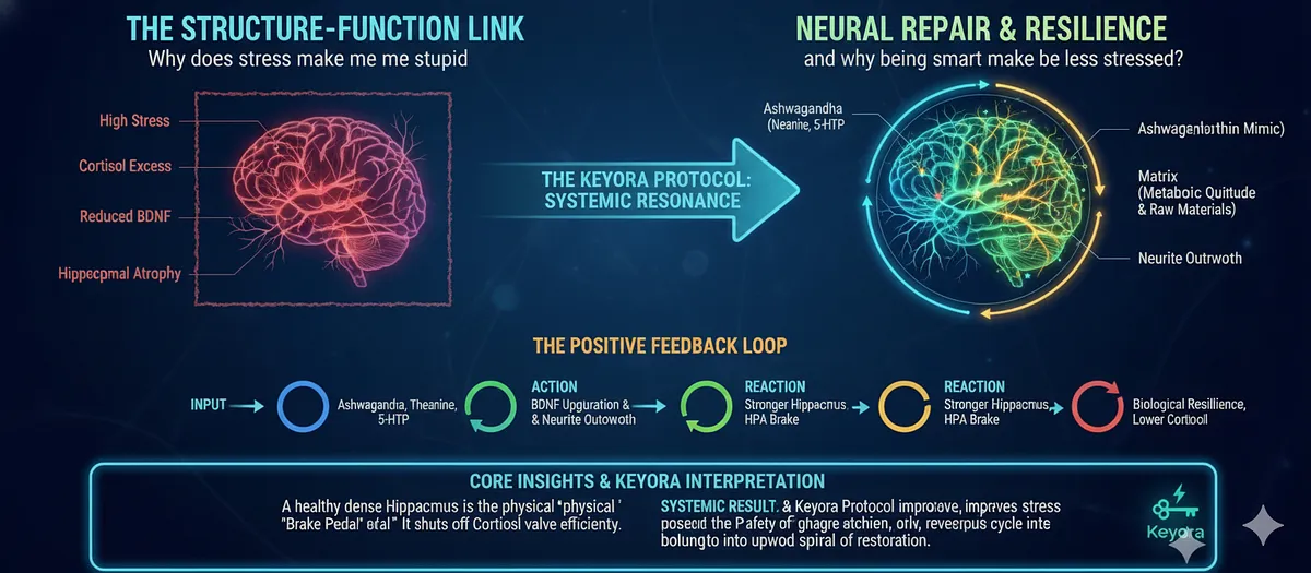 The Keyora Protocol creates a Positive Feedback Loop that shatters the SIND cycle (Stress $rightarrow$ Poor Sleep $rightarrow$ Inflammation $rightarrow$ Stress). Ashwagandha, Magnesium, and Theanine remove barriers to SWS. During SWS, the Glymphatic System flushes neurotoxins, leading to lower inflammation and a less reactive HPA axis the next day. The outcome is the mechanical reversal of the downward spiral: Better sleep lowers cortisol, and lower cortisol enables better sleep.The Structure-Function Link loop connects the physical brain (Chapter 4) to the hormonal signal (Chapter 2). Ashwagandha/Matrix triggers BDNF Upregulation and Neurite Outgrowth in the Hippocampus, increasing synaptic density. A healthy Hippocampus is the "Brake Pedal" that exerts stronger Negative Feedback on the Hypothalamus, leading to better Cortisol regulation and increased biological resilience. The Keyora Protocol creates a Positive Feedback Loop that shatters the SIND cycle (Stress $rightarrow$ Poor Sleep $rightarrow$ Inflammation $rightarrow$ Stress). Ashwagandha, Magnesium, and Theanine remove barriers to SWS. During SWS, the Glymphatic System flushes neurotoxins, leading to lower inflammation and a less reactive HPA axis the next day. The outcome is the mechanical reversal of the downward spiral: Better sleep lowers cortisol, and lower cortisol enables better sleep.The Structure-Function Link loop connects the physical brain (Chapter 4) to the hormonal signal (Chapter 2). Ashwagandha/Matrix triggers BDNF Upregulation and Neurite Outgrowth in the Hippocampus, increasing synaptic density. A healthy Hippocampus is the "Brake Pedal" that exerts stronger Negative Feedback on the Hypothalamus, leading to better Cortisol regulation and increased biological resilience.