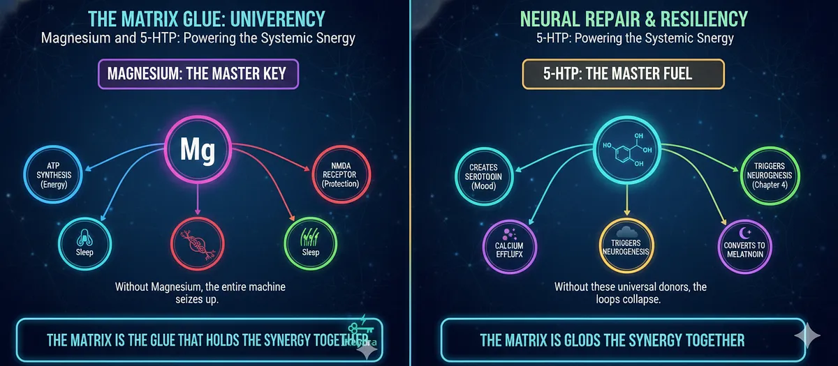 Magnesium and 5-HTP are the Universal Currency powering the synergistic loops. Magnesium is the master key, required for ATP synthesis (Energy), NMDA Receptor Block (Protection), and Calcium Efflux (Sleep). 5-HTP is the master fuel, creating Serotonin which regulates Mood, triggers Neurogenesis, and converts to Melatonin. The Matrix acts as the essential glue, ensuring the entire multi-axis system functions. Magnesium and 5-HTP are the Universal Currency powering the synergistic loops. Magnesium is the master key, required for ATP synthesis (Energy), NMDA Receptor Block (Protection), and Calcium Efflux (Sleep). 5-HTP is the master fuel, creating Serotonin which regulates Mood, triggers Neurogenesis, and converts to Melatonin. The Matrix acts as the essential glue, ensuring the entire multi-axis system functions.