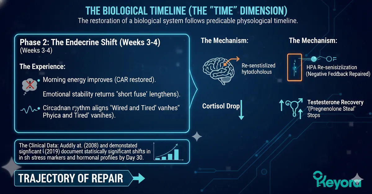 Phase 2 (Weeks 3-4): The Endocrine Shift (Thermostat Reset). User experiences improved morning energy (CAR restoration) and emotional stability (lengthened "short fuse"). Mechanism involves HPA Re-sensitization, leading to measurable Cortisol Drop and Testosterone Recovery (stopping Pregnenolone Steal). Clinical data (Auddy, Lopresti) confirms significant hormonal profile shifts (Cortisol/DHEA/Testosterone) appearing strongly by Day 30. Phase 2 (Weeks 3-4): The Endocrine Shift (Thermostat Reset). User experiences improved morning energy (CAR restoration) and emotional stability (lengthened "short fuse"). Mechanism involves HPA Re-sensitization, leading to measurable Cortisol Drop and Testosterone Recovery (stopping Pregnenolone Steal). Clinical data (Auddy, Lopresti) confirms significant hormonal profile shifts (Cortisol/DHEA/Testosterone) appearing strongly by Day 30.