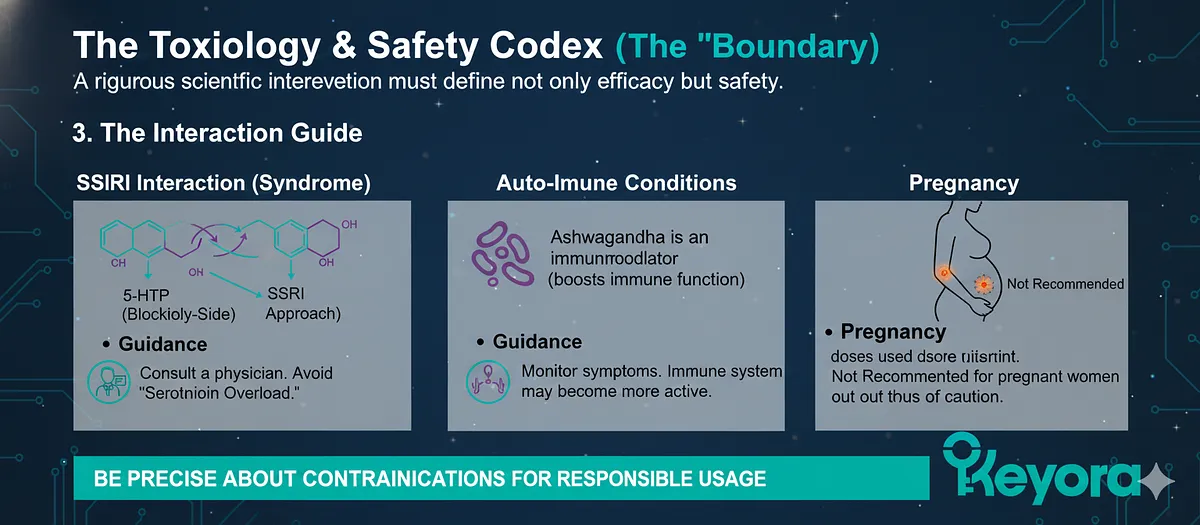 The Interaction Guide addresses contraindications. SSRI Interaction (Serotonin Syndrome) is a theoretical risk due to 5-HTP (Supply-Side). Users on heavy antidepressants must consult a physician. Ashwagandha is an Immunomodulator (boosts WBCs), requiring caution for active Auto-Immune Conditions (Lupus, RA). Use is Not Recommended during Pregnancy due to historical uterine stimulant properties at high doses. The Interaction Guide addresses contraindications. SSRI Interaction (Serotonin Syndrome) is a theoretical risk due to 5-HTP (Supply-Side). Users on heavy antidepressants must consult a physician. Ashwagandha is an Immunomodulator (boosts WBCs), requiring caution for active Auto-Immune Conditions (Lupus, RA). Use is Not Recommended during Pregnancy due to historical uterine stimulant properties at high doses.