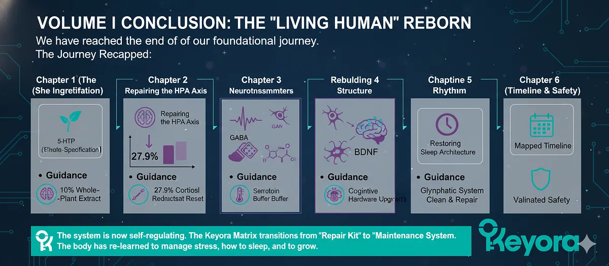 The journey establishes the Living Human Reborn via Six Chapters. Repair phases include: Chapter 2 (HPA Axis/Cortisol Reset), Chapter 3 (Neurotransmitters/GABA/Serotonin), Chapter 4 (Structure/BDNF/Dendritic Atrophy Reversal), and Chapter 5 (Sleep Architecture/Glymphatic System). Chapter 6 validates the Timeline and Safety. The Matrix provides the complete solution for burnout, moving beyond ingredient speculation. The journey establishes the Living Human Reborn via Six Chapters. Repair phases include: Chapter 2 (HPA Axis/Cortisol Reset), Chapter 3 (Neurotransmitters/GABA/Serotonin), Chapter 4 (Structure/BDNF/Dendritic Atrophy Reversal), and Chapter 5 (Sleep Architecture/Glymphatic System). Chapter 6 validates the Timeline and Safety. The Matrix provides the complete solution for burnout, moving beyond ingredient speculation.