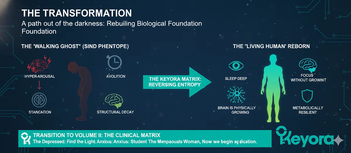 The protocol successfully engineered the Transformation from the "Walking Ghost" (SIND/Structural Decay) to the Living Human (metabolically resilient, deep sleep, focus without anxiety). Volume I detailed the "How" (mechanics of repair). Volume II - The Clinical Matrix will cover the "Who" by applying tactical protocols for specific suffering: The Depressed, The Anxious, The Student, and The Menopausal Woman. The protocol successfully engineered the Transformation from the "Walking Ghost" (SIND/Structural Decay) to the Living Human (metabolically resilient, deep sleep, focus without anxiety). Volume I detailed the "How" (mechanics of repair). Volume II - The Clinical Matrix will cover the "Who" by applying tactical protocols for specific suffering: The Depressed, The Anxious, The Student, and The Menopausal Woman.
