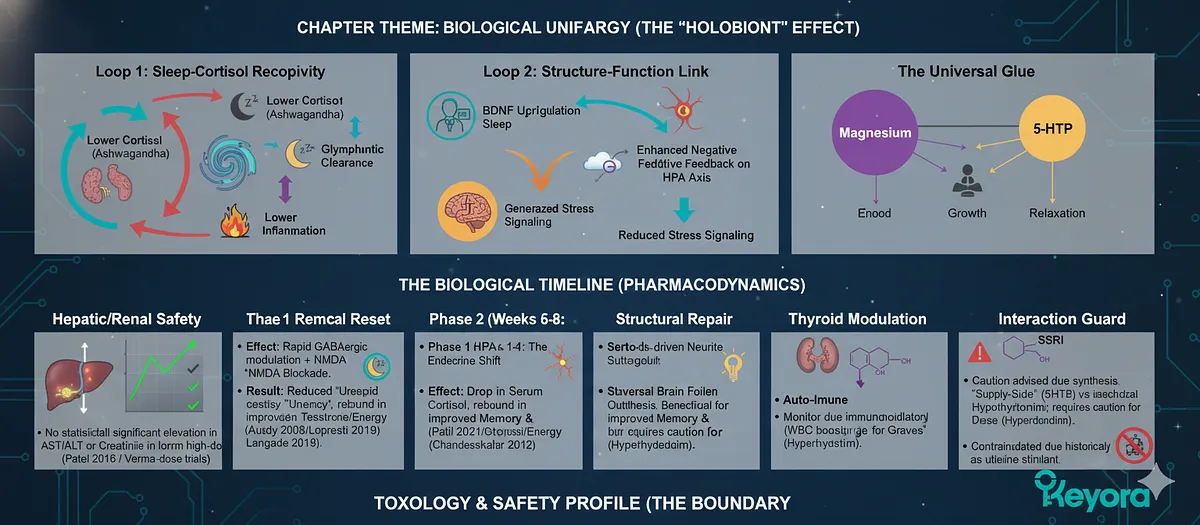 The Biological Unification relies on two loops: Sleep-Cortisol Reciprocity (Glymphatic $rightarrow$ Lower Cortisol) and Structure-Function Link (BDNF $rightarrow$ HPA Feedback), powered by Magnesium/5-HTP. The Timeline is: Phase 1 (Chemical Reset/SOL), Phase 2 (Endocrine Shift/T-Recovery), and Phase 3 (Structural Repair/Brain Fog). Safety: No AST/ALT risk, T4 stimulated, and caution for SSRI/Auto-Immune/Pregnancy. The Biological Unification relies on two loops: Sleep-Cortisol Reciprocity (Glymphatic $rightarrow$ Lower Cortisol) and Structure-Function Link (BDNF $rightarrow$ HPA Feedback), powered by Magnesium/5-HTP. The Timeline is: Phase 1 (Chemical Reset/SOL), Phase 2 (Endocrine Shift/T-Recovery), and Phase 3 (Structural Repair/Brain Fog). Safety: No AST/ALT risk, T4 stimulated, and caution for SSRI/Auto-Immune/Pregnancy.
