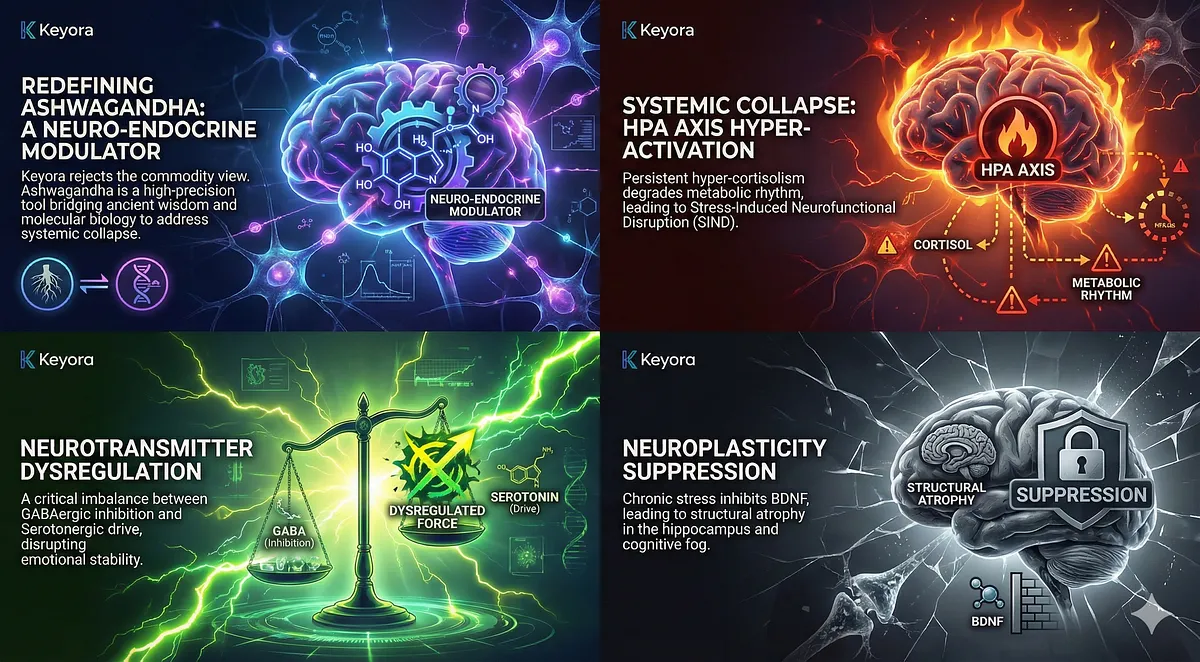 Ashwagandha is redefined as a high-precision Neuro-Endocrine Modulator targeting Stress-Induced Neurofunctional Disruption (SIND) in high-performance individuals. This systemic collapse involves three failures: HPA Axis Hyper-activation (hyper-cortisolism), critical neurotransmitter dysregulation (GABA/Serotonergic imbalance), and suppressed Neuroplasticity (BDNF inhibition/hippocampal atrophy). Volume I validates the biological hardware and ingredient standard required for clinical resolution of burnout.