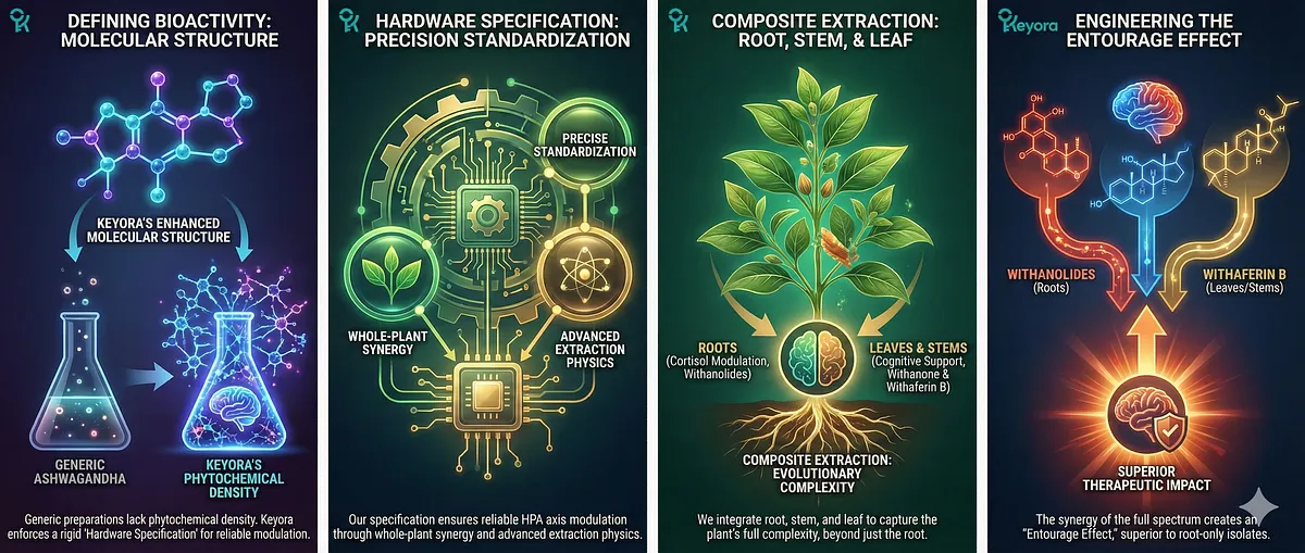 Keyora's Ingredient Codex defines bioactivity by structural integrity, rejecting generic Ashwagandha for its lack of phytochemical density. We enforce a rigid Hardware Specification based on Composite Extraction (root, stem, and leaf synergy) to ensure reliable HPA axis modulation. Root-derived Withanolides handle cortisol, while leaf/stem Withanone and Withaferin B provide vital cognitive support and neuroprotection, engineering a superior Entourage Effect.