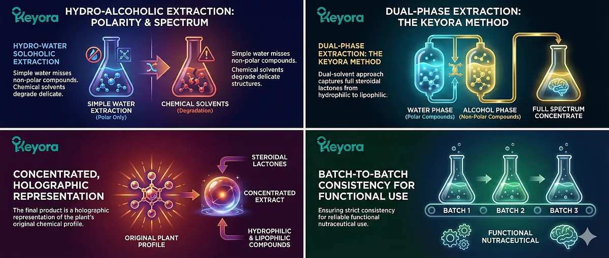 Keyora employs Hydro-Alcoholic Dual-Phase Extraction to optimize bioavailability and polarity by capturing a full spectrum of steroidal lactones. Water extracts polar, while alcohol solubilizes non-polar active ingredients. This method respects the chemistry, preventing chemical solvent degradation and ensuring the final product is a concentrated, holographic representation of the plant's profile, guaranteeing strict batch-to-batch consistency for functional nutraceutical use.