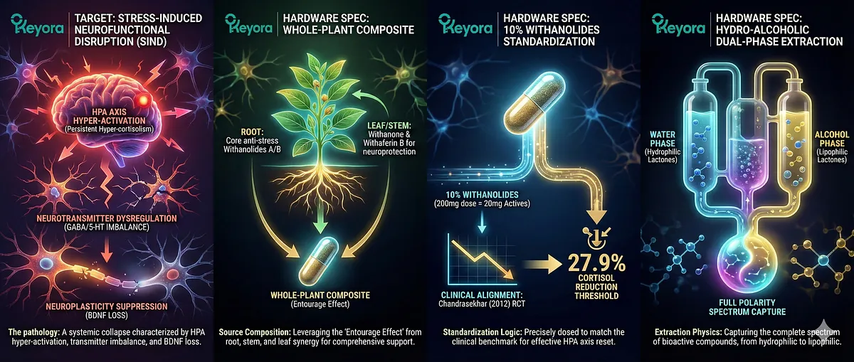 The Keyora protocol establishes the Hardware Specification for its Neuro-Endocrine Modulator. It utilizes a Whole-Plant Composite (Root+Stem+Leaf) for the Entourage Effect, standardized to 10% Withanolides to match the 27.9% Cortisol Reduction clinical threshold (Chandrasekhar 2012). Hydro-Alcoholic Dual-Phase Extraction captures the full polarity spectrum, ensuring a sound biological foundation to repair SIND (HPA Axis/Neurotransmitter/Neuroplasticity failures).