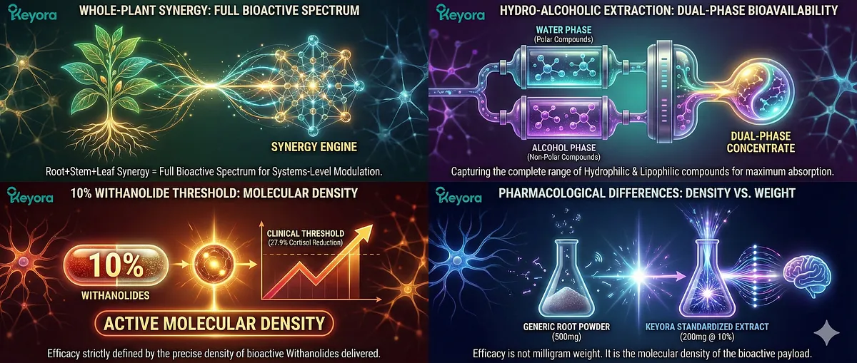The Ingredient Codex defines Ashwagandha bio-efficacy in Nutritional Neurology via a strict Hardware Specification, rejecting vague generic labels for precise chemical signals. Efficacy depends on molecular density of Withanolides, not raw weight. This mandates Whole-Plant Synergy, Hydro-Alcoholic Extraction, and the 10% Withanolide Threshold to achieve reproducible clinical results against stress-induced neurofunctional disruption.