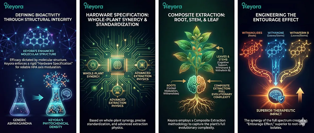 Keyora enforces a Hardware Specification using Composite Extraction (Root, Stem, Leaf synergy) to ensure HPA axis modulation and structural integrity. Generic Ashwagandha fails due to insufficient phytochemical density. Whole-Plant Synergy leverages root Withanolides (cortisol) and leaf/stem Withanone/Withaferin B (neuroprotection/cognition) to engineer a superior Entourage Effect over root-only isolates.