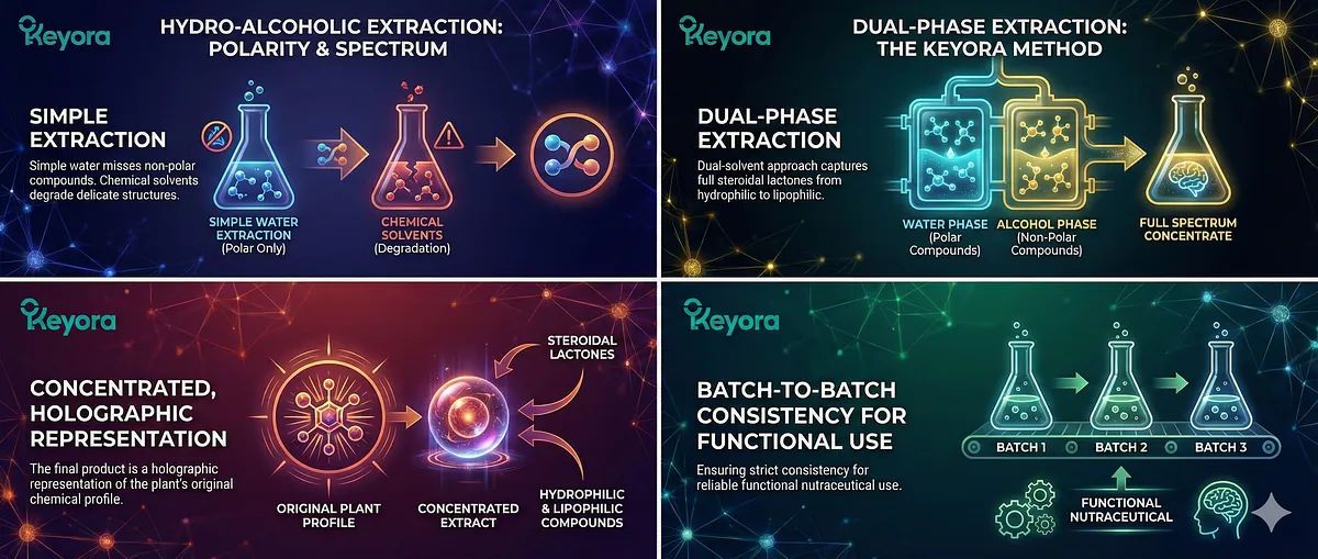 Keyora utilizes Hydro-Alcoholic Dual-Phase Extraction to maximize bioavailability and polarity by capturing the full spectrum of steroidal lactones. Water extracts polar compounds, while alcohol solubilizes non-polar actives. This dual-solvent method prevents degradation, ensuring the final product is a concentrated, holographic chemical profile that guarantees strict batch-to-batch consistency for nutraceutical use.
