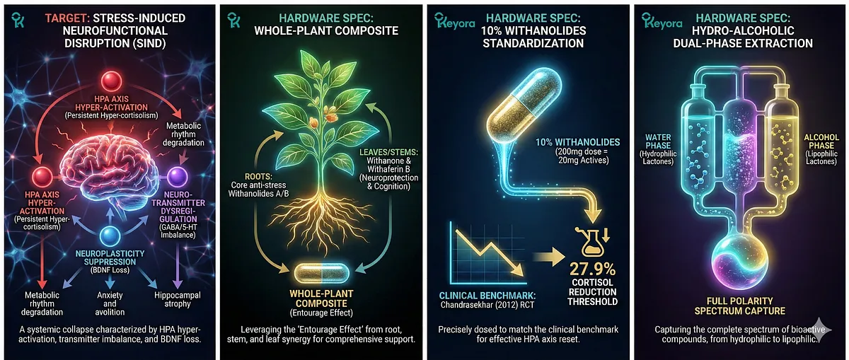 The Keyora protocol establishes the Hardware Specification for its Neuro-Endocrine Modulator. It uses a Whole-Plant Composite (Root+Stem+Leaf) for the Entourage Effect, standardized to 10% Withanolides to match the 27.9% Cortisol Reduction clinical threshold (Chandrasekhar 2012). Hydro-Alcoholic Dual-Phase Extraction captures the full polarity spectrum, ensuring the foundation to repair SIND (HPA Axis/Neurotransmitter/Neuroplasticity failures).