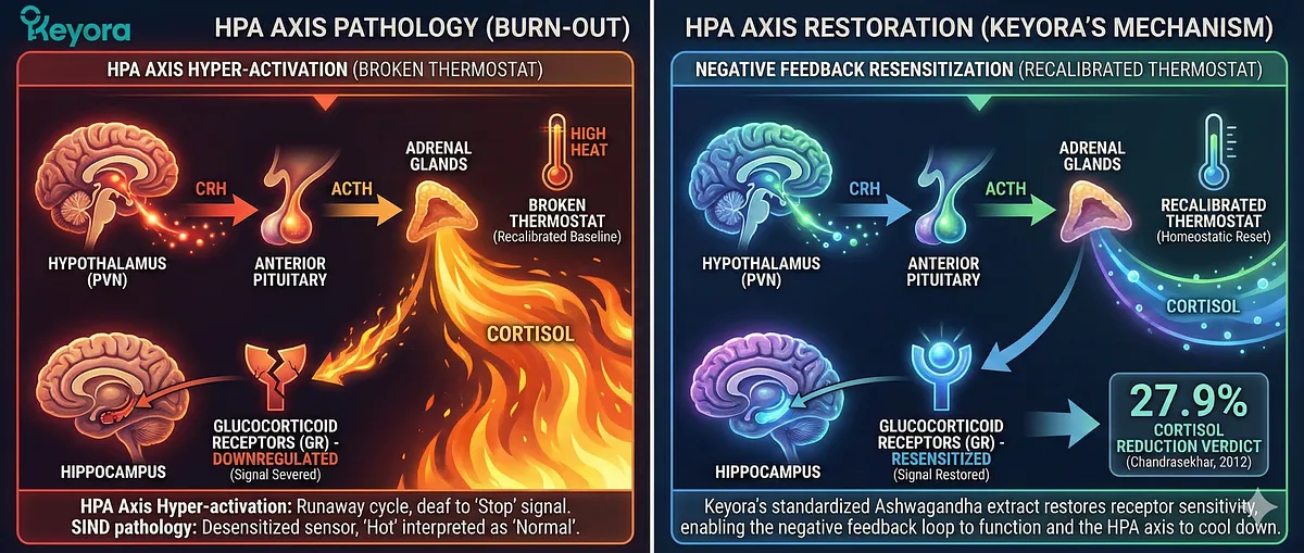 The HPA Axis is the body's primary energetic thermostat, operating via a negative feedback loop (Cortisol signals to the brain to stop). SIND causes HPA Axis Hyper-activation where Glucocorticoid Receptors (GR) desensitize, leading to runaway cortisol production, severing the "Stop" signal and resulting in burnout catastrophe. The HPA Axis is the body's primary energetic thermostat, operating via a negative feedback loop (Cortisol signals to the brain to stop). SIND causes HPA Axis Hyper-activation where Glucocorticoid Receptors (GR) desensitize, leading to runaway cortisol production, severing the "Stop" signal and resulting in burnout catastrophe.