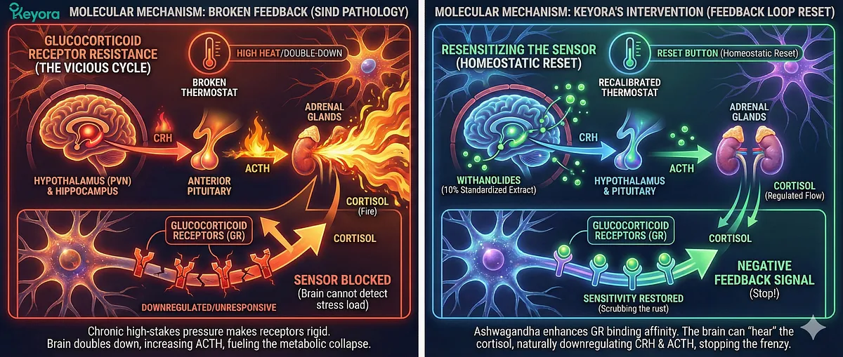 Keyora's Ashwagandha acts as a neuro-endocrine modulator to repair Glucocorticoid Receptor Resistance, the core failure in the HPA Axis negative feedback loop. Active Withanolides enhance GR binding affinity, allowing the hypothalamus to 'hear' cortisol. This resensitization is the "Reset Button" for the Hypothalamic Set-Point, naturally downregulating CRH/ACTH production and reversing metabolic collapse in burnout.
