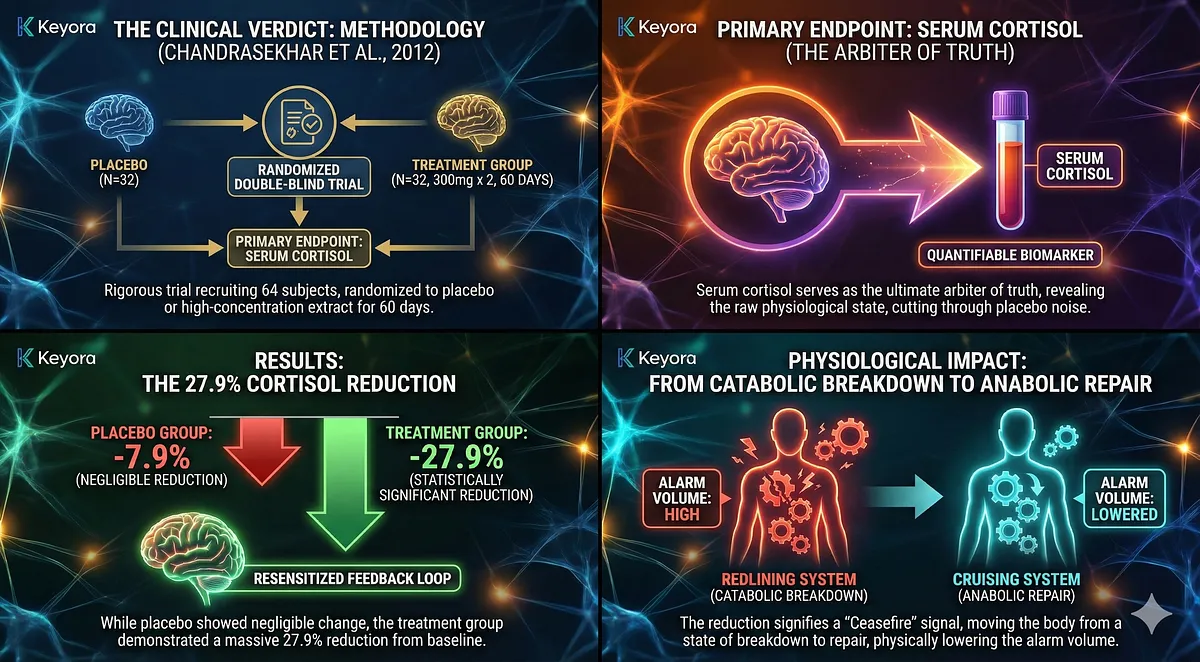 Clinical validation of Keyora's protocol is anchored in the Chandrasekhar et al. (2012) RCT, which used a high-concentration extract (64 subjects, 60 days). The trial demonstrated a statistically significant 27.9% reduction in Serum Cortisol from baseline, the ultimate arbiter of truth. This massive physiological alteration proves successful negative feedback loop resensitization, shifting the organism from a catabolic breakdown state to an anabolic state of repair for SIND.