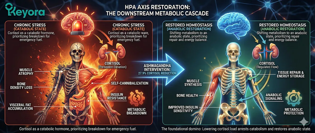 HPA axis restoration via 27.9% cortisol reduction triggers a systemic downstream cascade, shifting metabolism from catabolic (breakdown) to anabolic (repair). Chronic elevated cortisol causes self-cannibalization, insulin resistance, and muscle atrophy. Lowering the cortisol load arrests this, prioritizing tissue repair and energy storage over emergency fuel mobilization, thus protecting metabolic health. HPA axis restoration via 27.9% cortisol reduction triggers a systemic downstream cascade, shifting metabolism from catabolic (breakdown) to anabolic (repair). Chronic elevated cortisol causes self-cannibalization, insulin resistance, and muscle atrophy. Lowering the cortisol load arrests this, prioritizing tissue repair and energy storage over emergency fuel mobilization, thus protecting metabolic health.