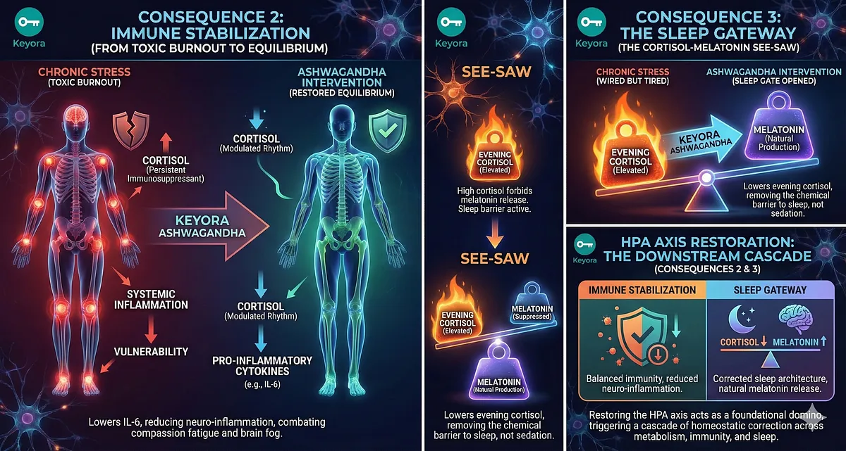 HPA axis modulation restores immune equilibrium, reducing immunosuppression and systemic neuro-inflammation (IL-6 cytokines) characteristic of "Toxic Burnout." Furthermore, Ashwagandha corrects sleep architecture by forcibly lowering elevated evening cortisol, removing the chemical barrier that blocks natural melatonin production, effectively treating the "Wired but Tired" phenotype.