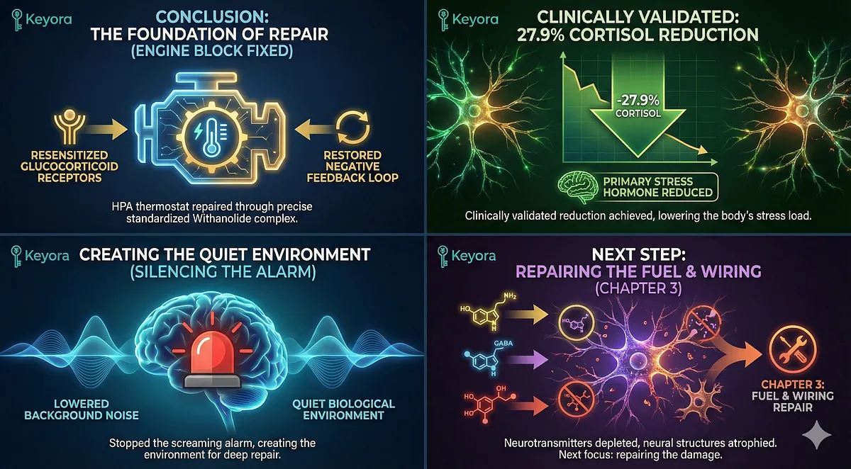 The Keyora protocol repairs the HPA axis engine block by resensitizing Glucocorticoid Receptors and restoring the negative feedback loop. This achieves a clinically validated 27.9% reduction in cortisol, creating the quiet biological environment for repair. However, after silencing the alarm, the focus shifts to Chapter 3: repairing the downstream depletion of Serotonin, GABA, Dopamine, and restoring atrophied neural structures.