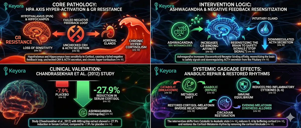 The Ashwagandha intervention targets HPA Axis Hyper-activation caused by Glucocorticoid Receptor (GR) Resistance, leading to Chronic Hyper-cortisolism. The 10% Withanolides resensitize GRs, downregulating ACTH. Clinical validation (Chandrasekhar 2012) shows a 27.9% Cortisol Reduction, triggering a cascade: Anabolic metabolic shift, reduced IL-6 (Immune), and restored Cortisol-Melatonin inverse relationship for sleep.