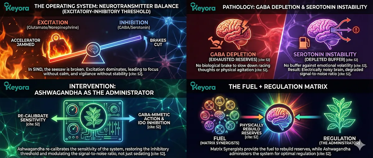 In SIND, the neurotransmitter system (the “Operating System”) is corrupted by Excitatory Dominance—a dual failure of GABA Depletion (loss of biological brake) and Serotonin Instability (loss of emotional buffer). This creates an electrically noisy brain ("Hollow Vibration"). The Keyora protocol acts as the "Administrator" to re-calibrate sensitivity while using Matrix Synergists as "Fuel" to rebuild neurochemical reserves. In SIND, the neurotransmitter system (the “Operating System”) is corrupted by Excitatory Dominance—a dual failure of GABA Depletion (loss of biological brake) and Serotonin Instability (loss of emotional buffer). This creates an electrically noisy brain ("Hollow Vibration"). The Keyora protocol acts as the "Administrator" to re-calibrate sensitivity while using Matrix Synergists as "Fuel" to rebuild neurochemical reserves.