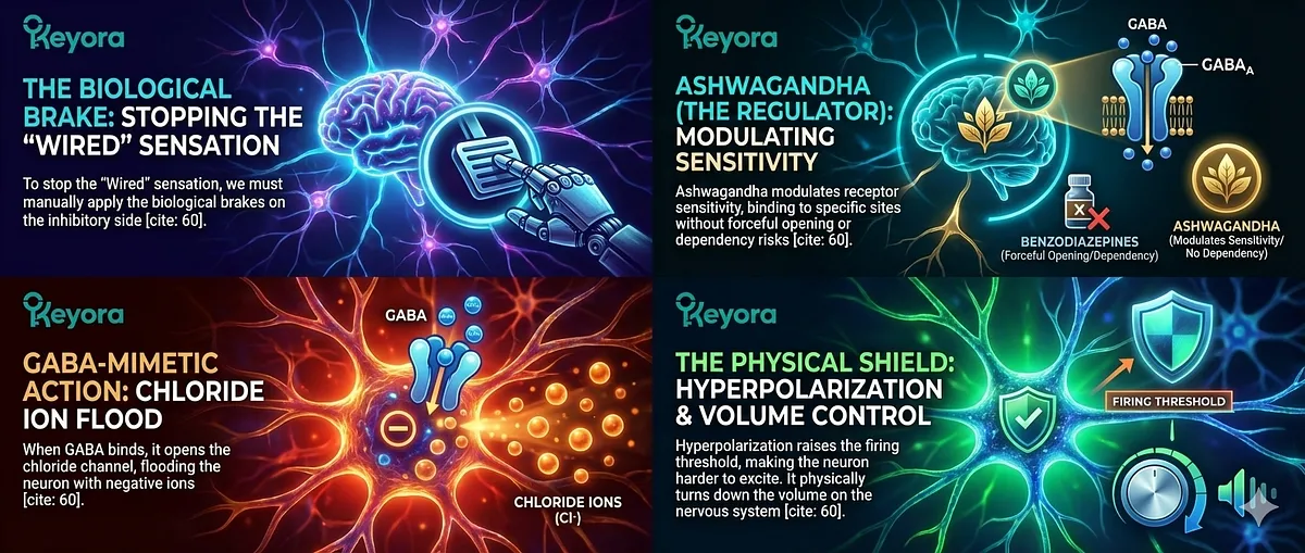 To halt the "Wired" burnout sensation, Ashwagandha acts as a GABA-Mimetic agent, modulating GABA_A receptor sensitivity. Active withanolides enhance the receptor's affinity for endogenous GABA. This binding opens the chloride ion channel (Cl-), causing hyperpolarization that raises the neuron's firing threshold, physically altering the electrical potential to resist excitation and "turn down the volume." To halt the "Wired" burnout sensation, Ashwagandha acts as a GABA-Mimetic agent, modulating GABA_A receptor sensitivity. Active withanolides enhance the receptor's affinity for endogenous GABA. This binding opens the chloride ion channel (Cl-), causing hyperpolarization that raises the neuron's firing threshold, physically altering the electrical potential to resist excitation and "turn down the volume."