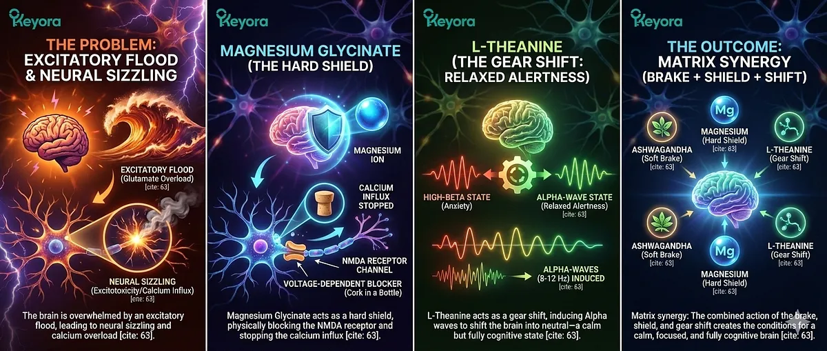 Matrix Synergy combines Magnesium Glycinate (the "Hard Shield") and L-Theanine (the "Gear Shift"). Magnesium blocks the NMDA Receptor, stopping calcium influx and glutamate excitotoxicity. L-Theanine induces Alpha-Waves (8-12 Hz), promoting "Relaxed Alertness" and clearing static noise, allowing Ashwagandha's GABA-mimetic action to take hold without being overwhelmed by excitation. Matrix Synergy combines Magnesium Glycinate (the "Hard Shield") and L-Theanine (the "Gear Shift"). Magnesium blocks the NMDA Receptor, stopping calcium influx and glutamate excitotoxicity. L-Theanine induces Alpha-Waves (8-12 Hz), promoting "Relaxed Alertness" and clearing static noise, allowing Ashwagandha's GABA-mimetic action to take hold without being overwhelmed by excitation.