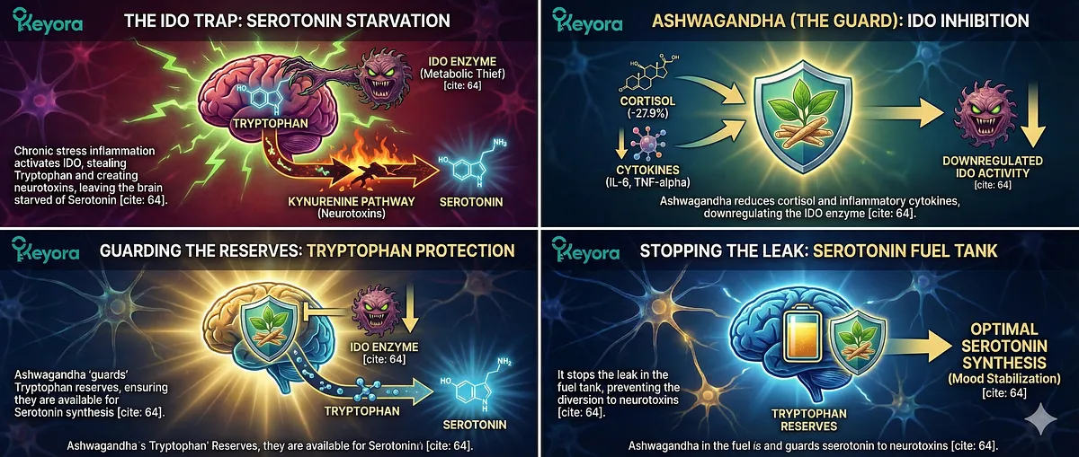 Ashwagandha acts as the "Mood Guard" by performing IDO Inhibition (Indoleamine 2,3-dioxygenase) to prevent the metabolic theft of Tryptophan. Chronic stress activates IDO via inflammatory cytokines (IL-6, TNF-alpha), diverting Tryptophan from Serotonin synthesis into neurotoxins. By reducing cortisol (27.9%) and suppressing cytokines, Ashwagandha guards Tryptophan reserves, stopping the "leak in the fuel tank." Ashwagandha acts as the "Mood Guard" by performing IDO Inhibition (Indoleamine 2,3-dioxygenase) to prevent the metabolic theft of Tryptophan. Chronic stress activates IDO via inflammatory cytokines (IL-6, TNF-alpha), diverting Tryptophan from Serotonin synthesis into neurotoxins. By reducing cortisol (27.9%) and suppressing cytokines, Ashwagandha guards Tryptophan reserves, stopping the "leak in the fuel tank."
