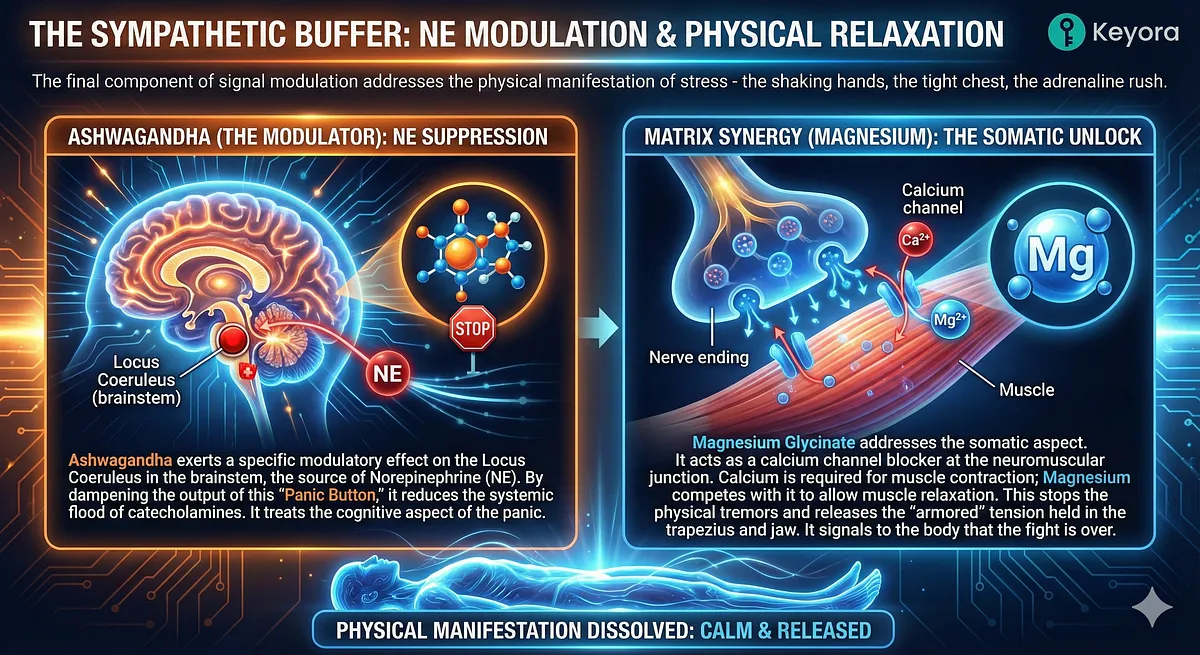 The Sympathetic Buffer addresses physical stress. Ashwagandha dampens the Locus Coeruleus to suppress Norepinephrine (NE) output, treating cognitive panic. Magnesium Glycinate provides the somatic unlock by acting as a calcium channel blocker at the neuromuscular junction, competing with calcium to stop physical tremors and release the "armored" tension in the trapezius and jaw. The Sympathetic Buffer addresses physical stress. Ashwagandha dampens the Locus Coeruleus to suppress Norepinephrine (NE) output, treating cognitive panic. Magnesium Glycinate provides the somatic unlock by acting as a calcium channel blocker at the neuromuscular junction, competing with calcium to stop physical tremors and release the "armored" tension in the trapezius and jaw.