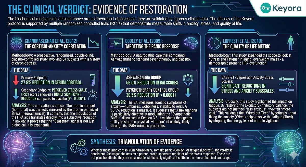 Clinical trials validate Ashwagandha's broad-spectrum action. Chandrasekhar (2012) showed cortisol drop perfectly mirrors Perceived Stress Scale (PSS) reduction, confirming HPA axis modulation's neurochemical impact. Cooley (2009) showed a 56.5% reduction in Beck Anxiety Inventory (BAI) scores (somatic panic), validating its GABA-mimetic properties. Lopresti (2019) confirmed vital reductions in stress, anxiety, and fatigue (DASS-21), proving restoration of Excitatory-Inhibitory balance.