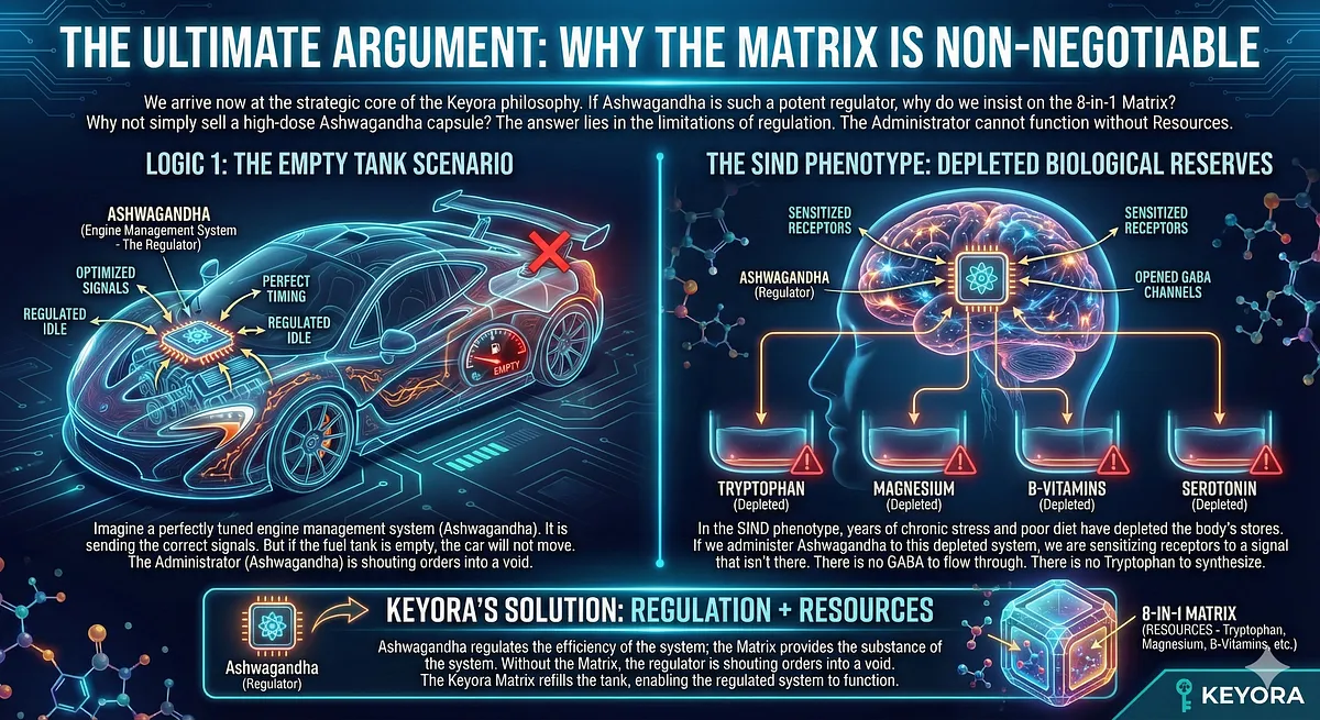 The 8-in-1 Matrix is Non-Negotiable because Ashwagandha (the "Administrator") cannot function in the Empty Tank Scenario of SIND. Chronic stress depletes neurotransmitter/cofactor reserves (GABA, Serotonin, Magnesium, Tryptophan). Ashwagandha regulates system efficiency (sensitizing receptors), but the Matrix provides the necessary substance and "Fuel" (e.g., 5-HTP, B6) to ensure the regulator is not "shouting orders into a void."