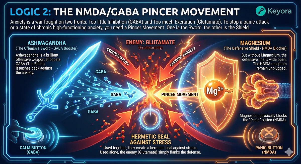 To combat anxiety's two fronts (GABA deficiency/Glutamate excess), the protocol employs an NMDA/GABA Pincer Movement. Ashwagandha (the "Sword") boosts GABA (Inhibition), while Magnesium (the "Shield") physically blocks the NMDA Receptor (Glutamate/Excitation), preventing excitotoxicity. Used together, they create a hermetic seal against stress, stopping chronic high-functioning anxiety and panic attacks more effectively than either agent alone.