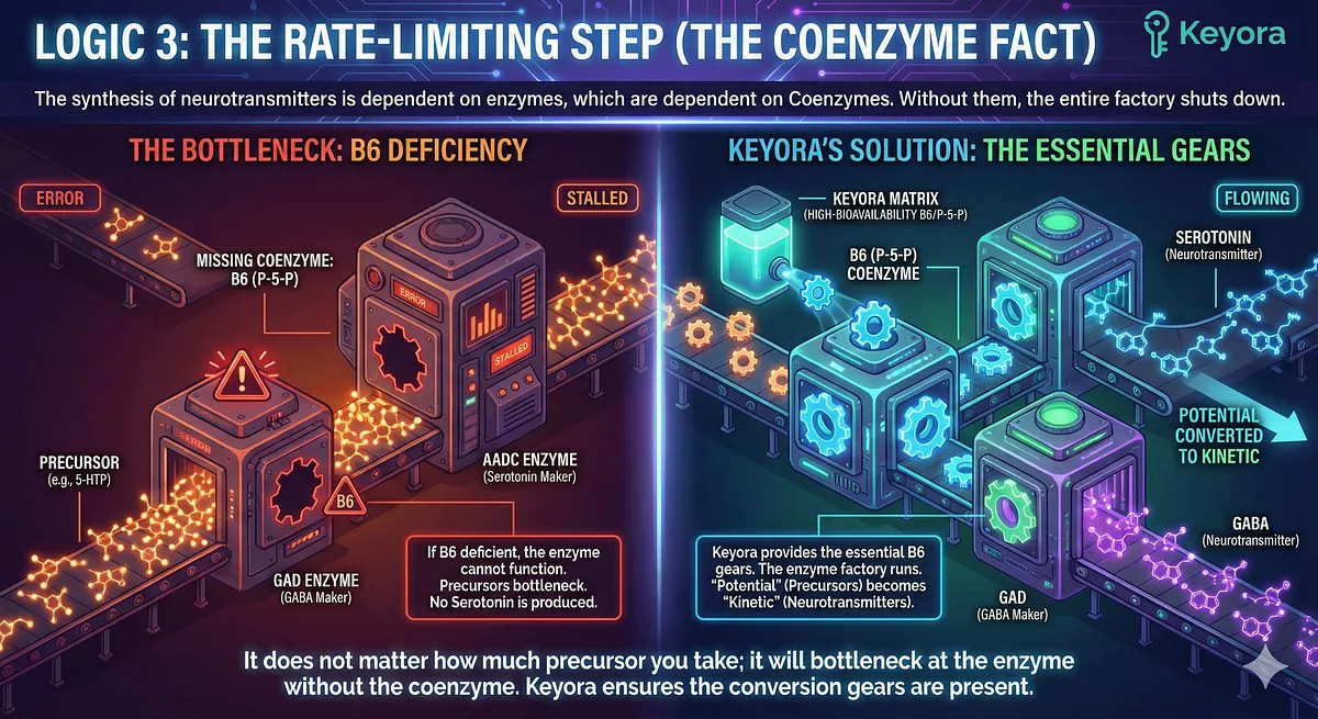 The synthesis of Serotonin, Dopamine, and GABA is a Rate-Limiting Step dependent on Coenzymes. Enzymes like AADC (Serotonin) and GAD (GABA) bottleneck without Vitamin B6 (P-5-P), which is often depleted by stress. Keyora includes high-bioavailability B6 (P-5-P) and Methyl-B12 as essential mechanical gears to ensure Potential (Precursors) converts efficiently into Kinetic (Neurotransmitters).