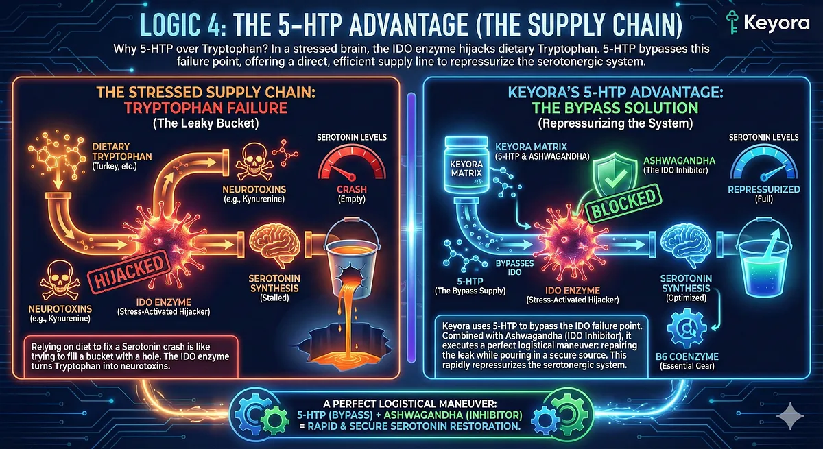 5-HTP is vital because it acts as the "Bypass Supply," entering the Serotonin synthesis pathway after the IDO enzyme blockade, unlike dietary Tryptophan. Combining 5-HTP with Ashwagandha (the IDO Inhibitor) executes a perfect logistical maneuver, simultaneously repairing the "hole in the bucket" and repressurizing the serotonergic system against stress-induced metabolic theft. 5-HTP is vital because it acts as the "Bypass Supply," entering the Serotonin synthesis pathway after the IDO enzyme blockade, unlike dietary Tryptophan. Combining 5-HTP with Ashwagandha (the IDO Inhibitor) executes a perfect logistical maneuver, simultaneously repairing the "hole in the bucket" and repressurizing the serotonergic system against stress-induced metabolic theft.