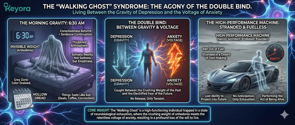 Keyora; Walking Ghost Syndrome; Double Bind Agony; Anhedonia; Depression Gravity; Anxiety Voltage; Neurobiological Exhaustion; High-Performance Burnout; Morning Gravity 6:30 AM; Invisible Weight; Hollow Dread; Stranded & Fuelless Machine; Loss of Will to Live; Senior Architect; Tenured Professor; Post-Exit Founder; Systemic Restoration; HPA Axis Failure; Excitotoxicity; Structural Atrophy; Ashwagandha; Magnesium Glycinate; L-Theanine.
