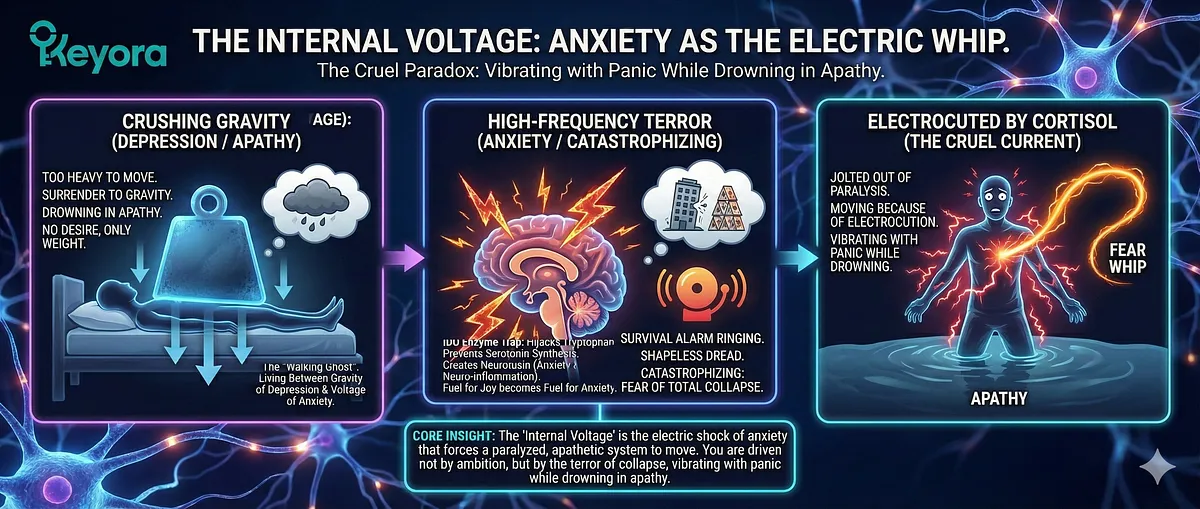 Keyora; Walking Ghost Syndrome; High-Functioning Anxiety; Double Bind Agony; Anhedonia; Depression Gravity; Anxiety Voltage; Neurobiological Exhaustion; High-Performance Burnout; Internal Voltage; Cruel Paradox; Morning Gravity 6:30 AM; Stranded & Fuelless Machine; Loss of Will to Live; Senior Architect; Tenured Professor; Post-Exit Founder; HPA Axis Failure; Excitotoxicity; Structural Atrophy; Systemic Restoration; Ashwagandha; Magnesium Glycinate; L-Theanine.