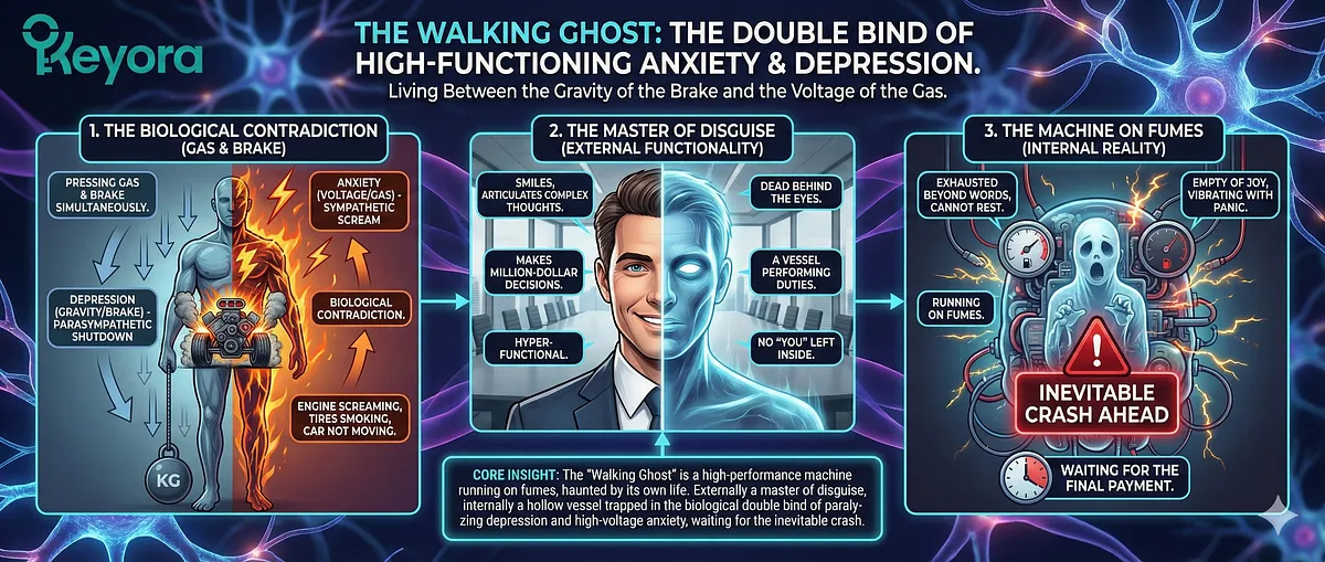 Keyora; Walking Ghost Syndrome; High-Functioning Anxiety; Double Bind Agony; Anhedonia; Depression Gravity; Anxiety Voltage; Neurobiological Exhaustion; High-Performance Burnout; Cruel Paradox; Stranded & Fuelless Machine; Loss of Will to Live; Senior Architect; Tenured Professor; Post-Exit Founder; HPA Axis Failure; Excitotoxicity; Structural Atrophy; Systemic Restoration; Ashwagandha; L-Theanine.