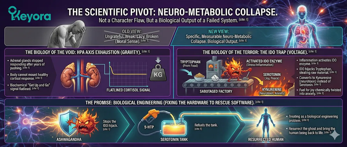 Keyora; Walking Ghost Syndrome; High-Functioning Anxiety; Depression Gravity; Anxiety Voltage; Double Bind Agony; Neurobiological Exhaustion; High-Performance Burnout; HPA Axis Exhaustion; IDO Trap; Tryptophan Kynurenine; Chronic Stress Inflammation; Anhedonia; Structural Atrophy; Ashwagandha; 5-HTP; L-Theanine; Systemic Architecture Restoration; Senior Architect; Post-Exit Founder.