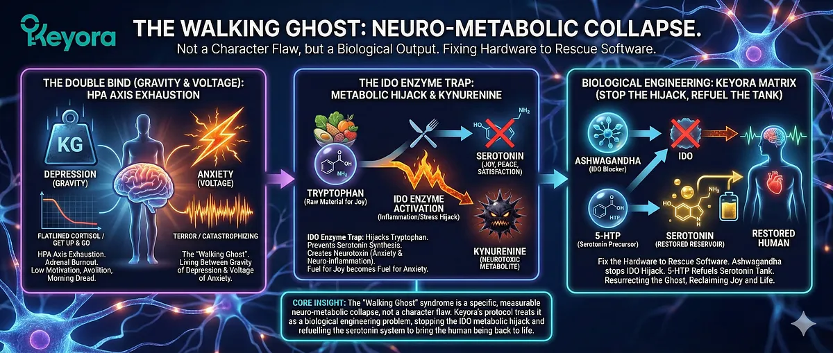 Keyora; Walking Ghost Syndrome; High-Functioning Anxiety; Double Bind Agony; Anhedonia; Depression Gravity; Anxiety Voltage; Neurobiological Exhaustion; High-Performance Burnout; Internal Voltage; Cruel Paradox; HPA Axis Exhaustion; IDO Trap; Tryptophan Kynurenine Pathway; Chronic Stress Inflammation; Metabolic Hijacker; Systemic Restoration; Ashwagandha HPA Repair; Magnesium Glycinate; L-Theanine; 5-HTP Refuel; Senior Architect; Tenured Professor; Post-Exit Founder; Stranded & Fuelless Machine; Loss of Will to Live; Biological Contradiction; Master of Disguise; Performing the Act of Being Alive.