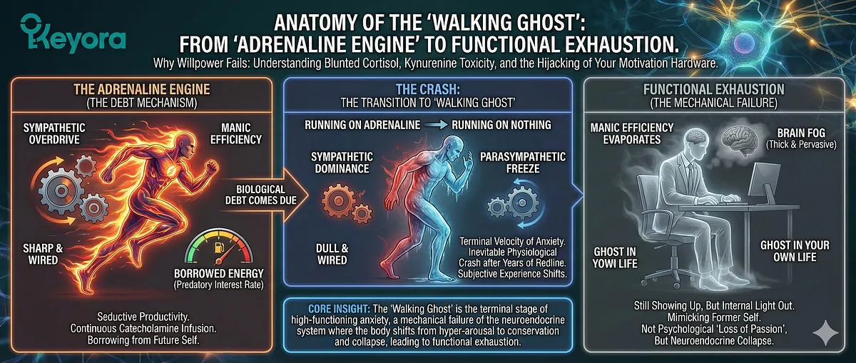 Keyora; Walking Ghost Syndrome; High-Functioning Anxiety; Double Bind Agony; Anhedonia; Depression Gravity; Anxiety Voltage; Neurobiological Exhaustion; High-Performance Burnout; Internal Voltage; Cruel Paradox; HPA Axis Exhaustion; IDO Trap; Tryptophan Kynurenine Pathway; Chronic Stress Inflammation; Metabolic Hijacker; Systemic Restoration; Ashwagandha HPA Repair; Magnesium Glycinate; L-Theanine; 5-HTP Refuel; Senior Architect; Post-Exit Founder; Stranded & Fuelless Machine; Loss of Will to Live; Biological Contradiction; Master of Disguise; Performing the Act of Being Alive.