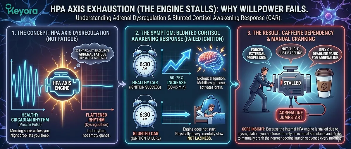 Keyora; Walking Ghost Syndrome; High-Functioning Anxiety; Double Bind Agony; Neurobiological Exhaustion; HPA Axis Exhaustion; Blunted Cortisol Awakening Response (CAR); IDO Trap; Kynurenine Toxicity; Serotonin Tryptophan Hijack; Anhedonia Gravity; Anxiety Voltage; Systemic Restoration; Ashwagandha HPA Repair; Magnesium Glycinate; L-Theanine; 5-HTP Refuel; Internal Voltage; Senior Architect; Post-Exit Founder; Adrenal Dysregulation; Iron Mask; Biological Contradiction.