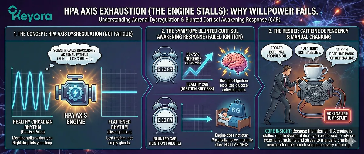 Keyora; Walking Ghost Syndrome; High-Functioning Anxiety; Double Bind Agony; Neurobiological Exhaustion; HPA Axis Exhaustion; Blunted Cortisol Awakening Response (CAR); IDO Trap; Kynurenine Toxicity; Serotonin Tryptophan Hijack; Anhedonia Gravity; Anxiety Voltage; Systemic Restoration; Ashwagandha HPA Repair; Magnesium Glycinate; L-Theanine; 5-HTP Refuel; Senior Architect; Post-Exit Founder; Adrenal Dysregulation; Iron Mask; Adrenaline Engine Crash; Functional Exhaustion.