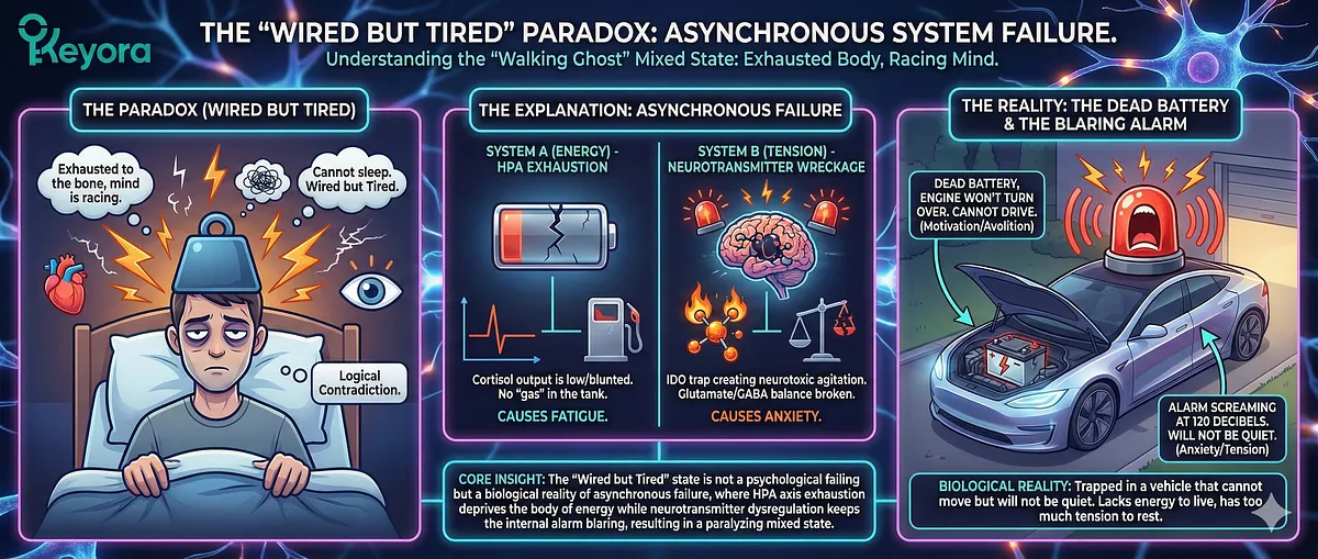 Keyora; Walking Ghost Syndrome; High-Functioning Anxiety; Double Bind Agony; Anhedonia Gravity; Anxiety Voltage; Neurobiological Exhaustion; High-Performance Burnout; HPA Axis Exhaustion; Blunted Cortisol Awakening Response (CAR); IDO Trap; Kynurenine Toxicity; Serotonin Tryptophan Hijack; Systemic Restoration; Ashwagandha HPA Repair; Magnesium Glycinate; L-Theanine; 5-HTP Refuel; Senior Architect; Post-Exit Founder; Iron Mask; Adrenaline Engine Crash; Functional Exhaustion.