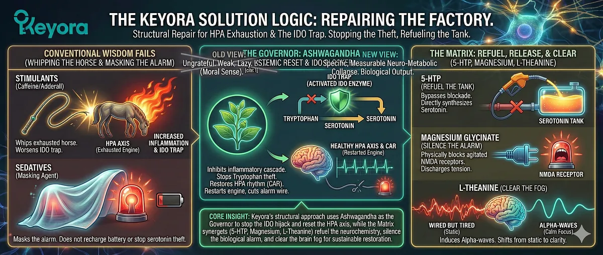 Keyora; Walking Ghost Syndrome; High-Functioning Anxiety; Double Bind Agony; Anhedonia Gravity; Anxiety Voltage; Neurobiological Exhaustion; HPA Axis Exhaustion; Blunted Cortisol Awakening Response (CAR); IDO Trap Tryptophan Hijack; Kynurenine Toxicity; Systemic Restoration; Ashwagandha HPA Repair; Magnesium Glycinate; L-Theanine; Senior Architect; Post-Exit Founder; Iron Mask.