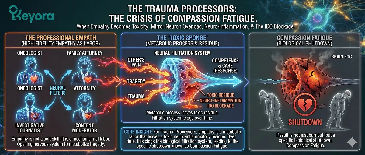 Keyora; Walking Ghost Syndrome; Wired but Tired; HPA Axis Exhaustion; Blunted Cortisol Awakening Response (CAR); Adrenal Dysregulation; IDO Enzyme Trap; Neuro-Inflammation; Tryptophan Hijack; Kynurenine Toxicity; Quinolinic Acid; Anhedonia; Compassion Fatigue; Mirror Neuron Overload; Neuro-Metabolic Collapse; Systemic Restoration; Ashwagandha; Magnesium Glycinate; 5-HTP; L-Theanine; Functional Exhaustion; Adrenaline Engine Burnout.
