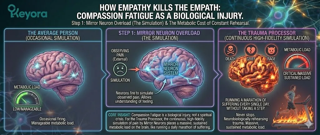 Keyora defines the Walking Ghost Syndrome as a Neuro-Metabolic Collapse where HPA Axis Exhaustion (Blunted CAR) combines with the IDO Enzyme Trap and Kynurenine Toxicity. This creates the Double Bind of Anhedonia and Anxiety Voltage in Professional Empaths like Oncologists, Family Attorneys, and Investigative Journalists. The required Systemic Restoration utilizes Ashwagandha, Magnesium Glycinate, and L-Theanine.