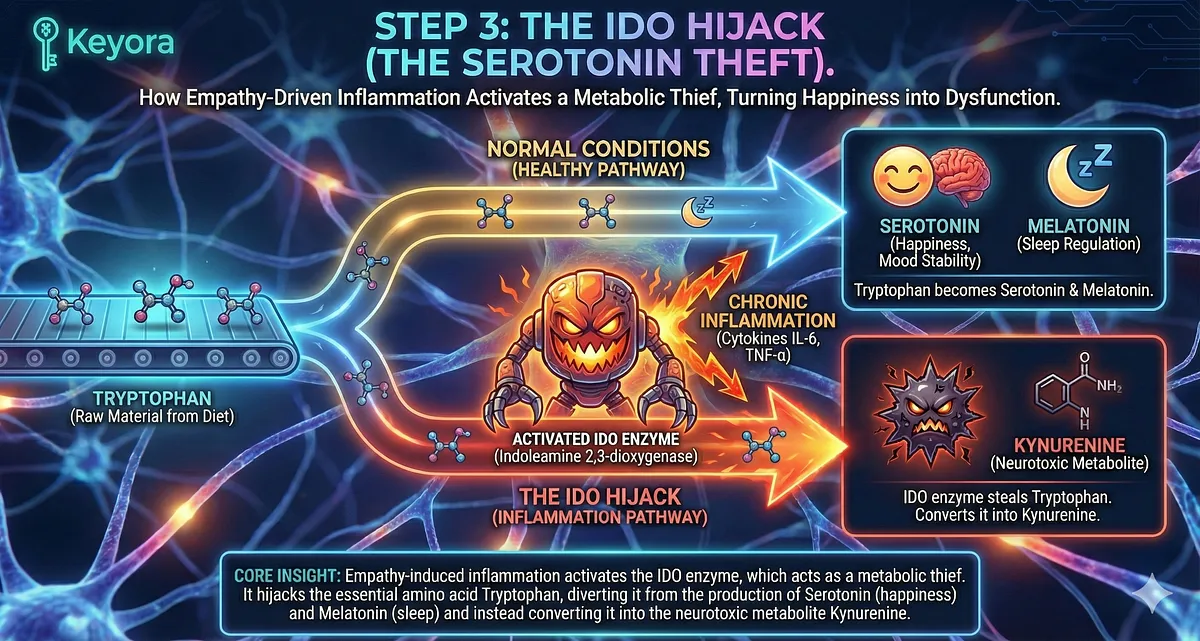 Keyora; Walking Ghost Syndrome; Professional Empath Exhaustion; Oncologist / Family Attorney Burnout; Investigative Journalist / Content Moderator; Neuro-Metabolic Collapse; Double Bind (Anxiety Voltage / Anhedonia Gravity); HPA Axis Exhaustion; Blunted Cortisol Awakening Response (CAR); IDO Enzyme Trap (Tryptophan Hijack); Kynurenine Toxicity; Quinolinic Acid; Neuro-Inflammation; Systemic Restoration; Ashwagandha HPA Repair; Magnesium Glycinate; L-Theanine; 5-HTP Refuel; Wired but Tired Paradox.