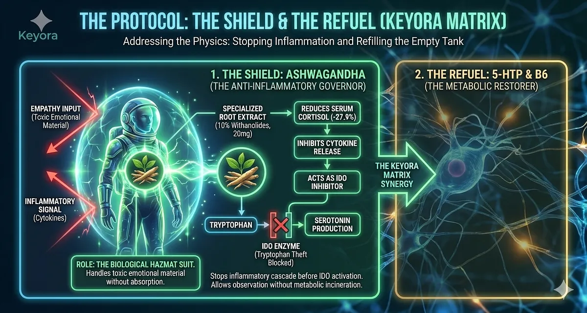 I. Pathology: Walking Ghost Syndrome; Wired but Tired Paradox; Neuro-Metabolic Collapse; Double Bind Agony; Anhedonia Gravity/Anxiety Voltage. II. Mechanism: HPA Axis Exhaustion; Blunted CAR; IDO Enzyme Trap; Kynurenine Toxicity; Quinolinic Acid; Cytokines (IL-6, TNF-a); Tryptophan Hijack. III. Persona: Professional Empath; Oncologist; Family Attorney; Investigative Journalist; Content Moderator. IV. Solution: Keyora; Systemic Restoration; Ashwagandha IDO Inhibitor; Magnesium Glycinate; L-Theanine; 5-HTP.