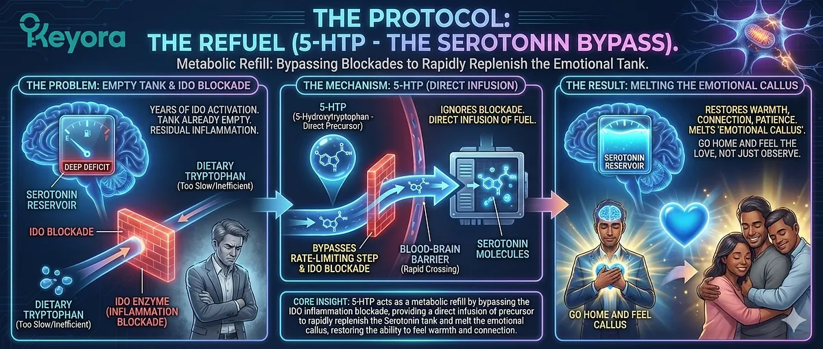 Keyora; Walking Ghost Syndrome; Wired but Tired Paradox; High-Functioning Anxiety; Neuro-Metabolic Collapse; Toxic Sponge; Professional Empath; Oncologist Burnout; Family Attorney Cynicism; Investigative Journalist; Content Moderator Stress; HPA Axis Exhaustion; Blunted Cortisol Awakening Response (CAR); Indoleamine 2,3-dioxygenase (IDO) Enzyme Trap; Cytokines (IL-6, TNF-a); Tryptophan Hijack; Kynurenine Toxicity; Quinolinic Acid; Systemic Restoration; Ashwagandha IDO Inhibitor; Withanolides; Magnesium Glycinate; L-Theanine; 5-HTP Serotonin Bypass; Avolition.