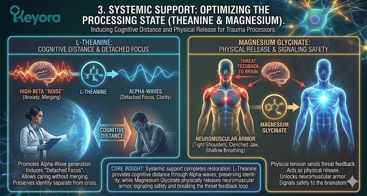 Systemic support protocol using L-Theanine and Magnesium Glycinate to optimize the processing state for Trauma Processors. The visual explains how L-Theanine promotes Alpha-Wave generation, facilitating Cognitive Distance and Detached Focus, which preserves identity and prevents emotional merging. Magnesium Glycinate provides essential Physical Release by unlocking neuromuscular armor (tight shoulders, shallow breathing) and signaling safety to the brainstem. This intervention breaks the physical threat feedback loop. Key terms include: Stress Relief, Brain Health, Mental Wellness, Therapy Tools, Neuromuscular Armor Release, Alpha-Wave Induction, Global Psychological Support, 2025 Mental Health Optimization. The diagram illustrates the shift from anxiety/high-beta noise to clarity/safety.